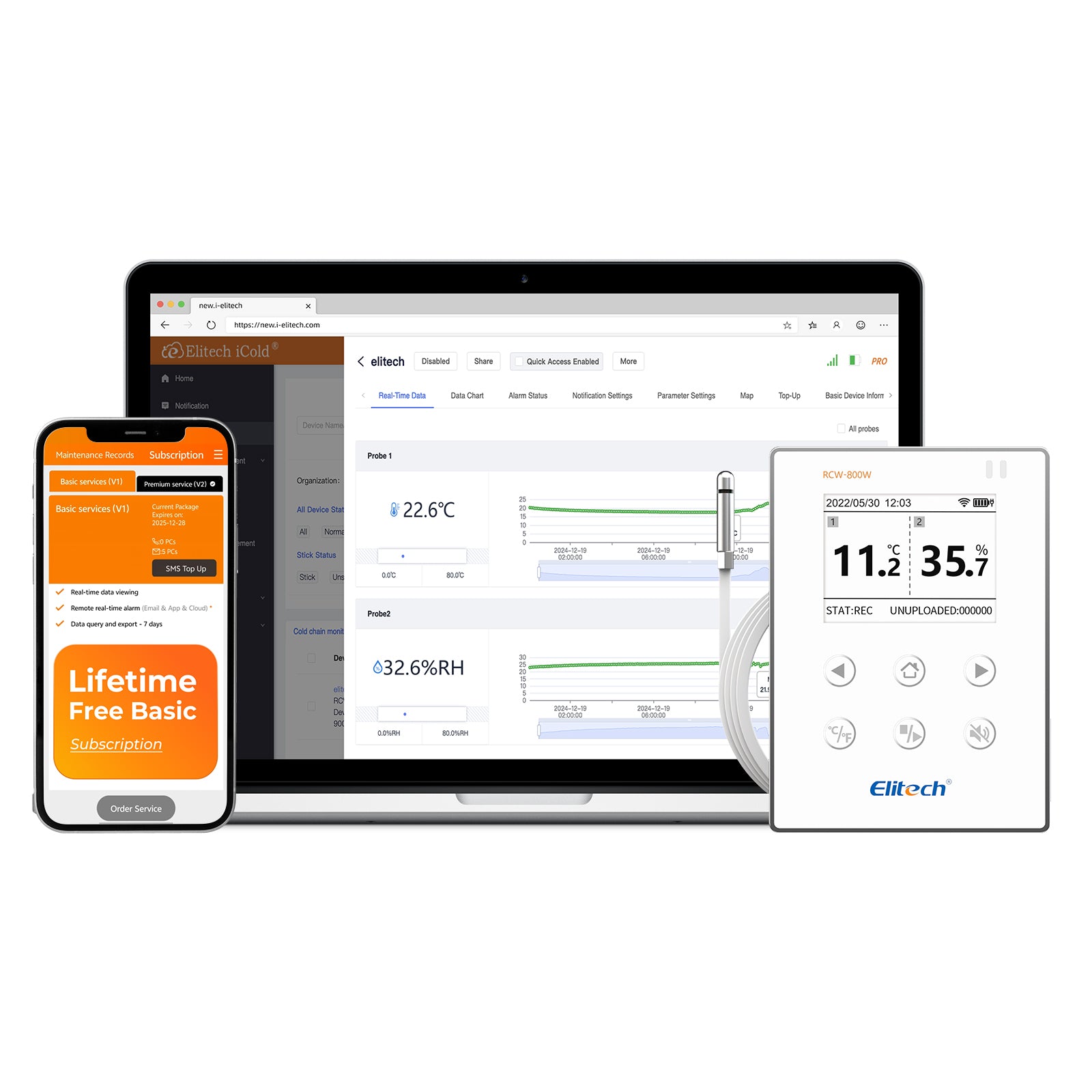 Elitech Wireless Digital Data Logger Remote Real-Time Temperature Monitor Cloud Data Storage SMS/Email/APP/Web Alarm, WiFi External Temp&Humi Probe, RCW-800W-THE(-40~176℉) with FREE Cloud Service