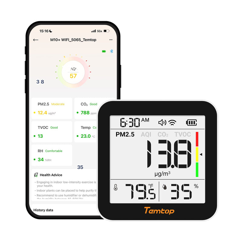 Temtop M10+ WIFI Air Quality Monitor, Rechargeable CO2 Detector with PM2.5 TVOC AQI Temperature and Humidity, 6-in-1 Indoor Pollution Meter with App Control, Data Export, E-ink Screen for Home Office