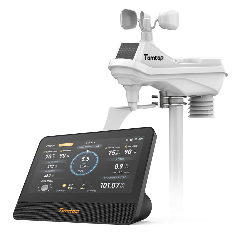 Temtop W100 WiFi Weather Station with Air Quality Monitor, 7" Touchscreen Indoor Outdoor Weather Station, PM2.5/PM10/CO2/TVOC Monitor, Rain Gauge, Wind Speed & Direction, UV, AQI Forecast