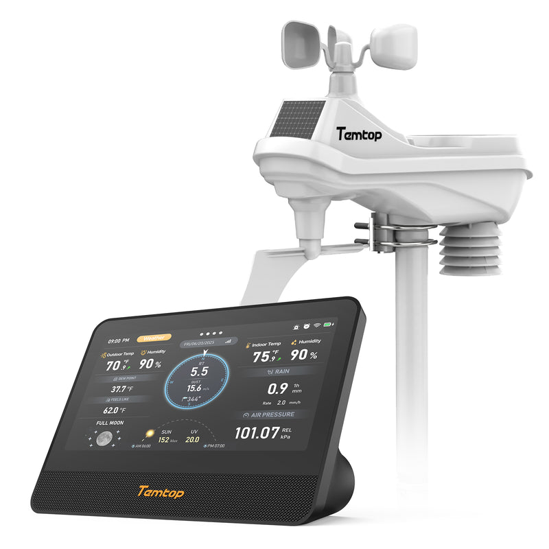 Temtop W100 WiFi Weather Station with Air Quality Monitor, 7" Touchscreen Indoor Outdoor Weather Station, PM2.5/PM10/CO2/TVOC Monitor, Rain Gauge, Wind Speed & Direction, UV, AQI Forecast