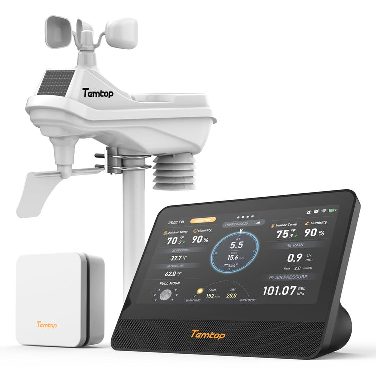 Temtop W100 WiFi Weather Station with Air Quality Monitor, 7" Touchscreen Indoor Outdoor Weather Station, PM2.5/PM10/CO2/TVOC Monitor, Rain Gauge, Wind Speed & Direction, UV, AQI Forecast