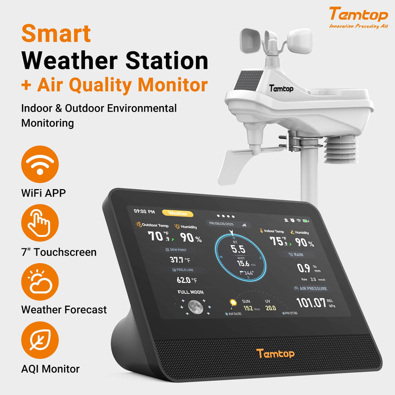 Temtop W100 WiFi Weather Station with Air Quality Monitor, 7" Touchscreen Indoor Outdoor Weather Station, PM2.5/PM10/CO2/TVOC Monitor, Rain Gauge, Wind Speed & Direction, UV, AQI Forecast