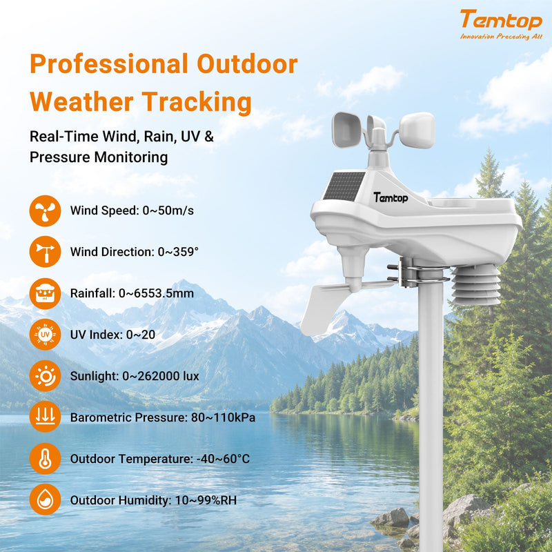 Temtop W100 WiFi Weather Station with Air Quality Monitor, 7" Touchscreen Indoor Outdoor Weather Station, PM2.5/PM10/CO2/TVOC Monitor, Rain Gauge, Wind Speed & Direction, UV, AQI Forecast