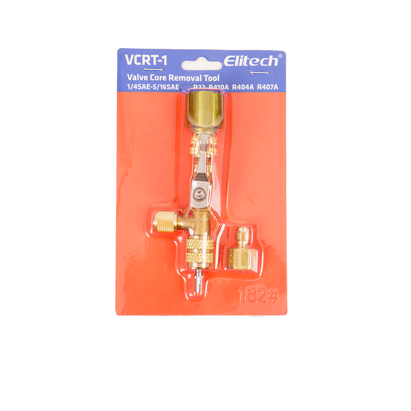 (Pre-order)Elitech Valve Core Removal Installer Tool for HVAC VCRT-1, AC Schrader Valve Tool with Dual Size SAE 1/4 and 5/16 Port Brass Adapter Compatible with R22 R12 R410 R32 R404 R407 with Valve Cores and Removal Tool