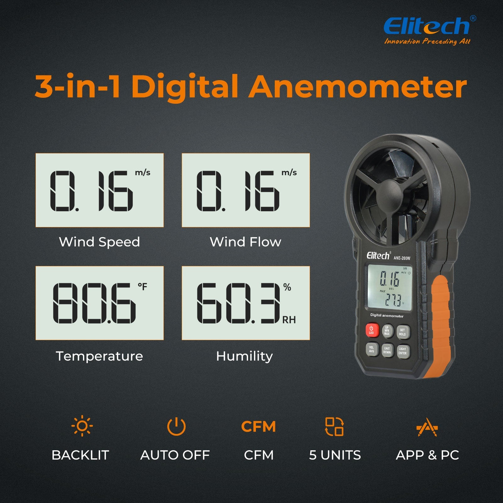 Elitech ANE - 200W Bluetooth Anemometer, Digital Wind Speed Meter with Temperature and USB Data Export, CFM/CMM Air Flow Measurement, for HVAC and Environmental Testing - Elitech Technology, Inc.