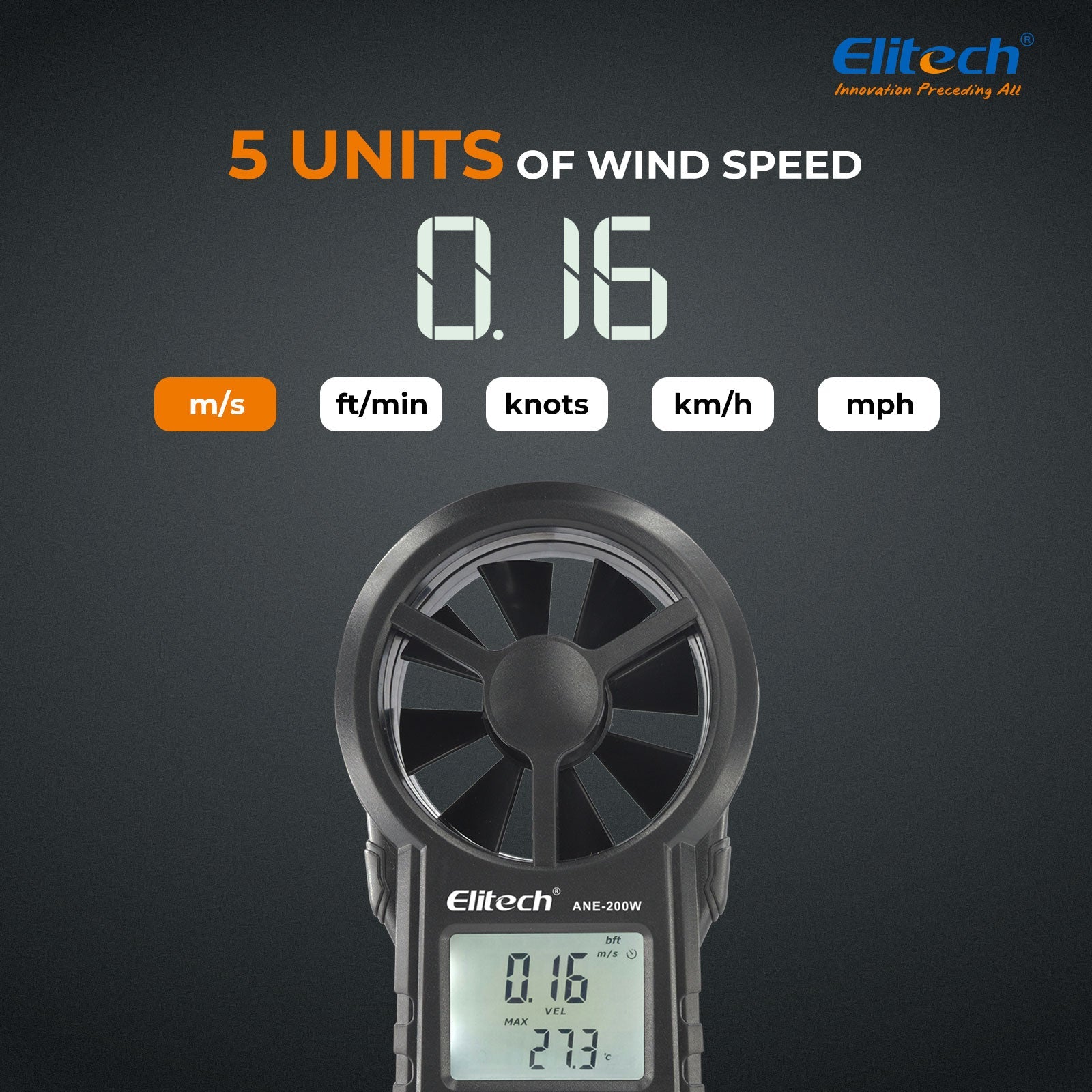 Elitech ANE - 200W Bluetooth Anemometer, Digital Wind Speed Meter with Temperature and USB Data Export, CFM/CMM Air Flow Measurement, for HVAC and Environmental Testing - Elitech Technology, Inc.