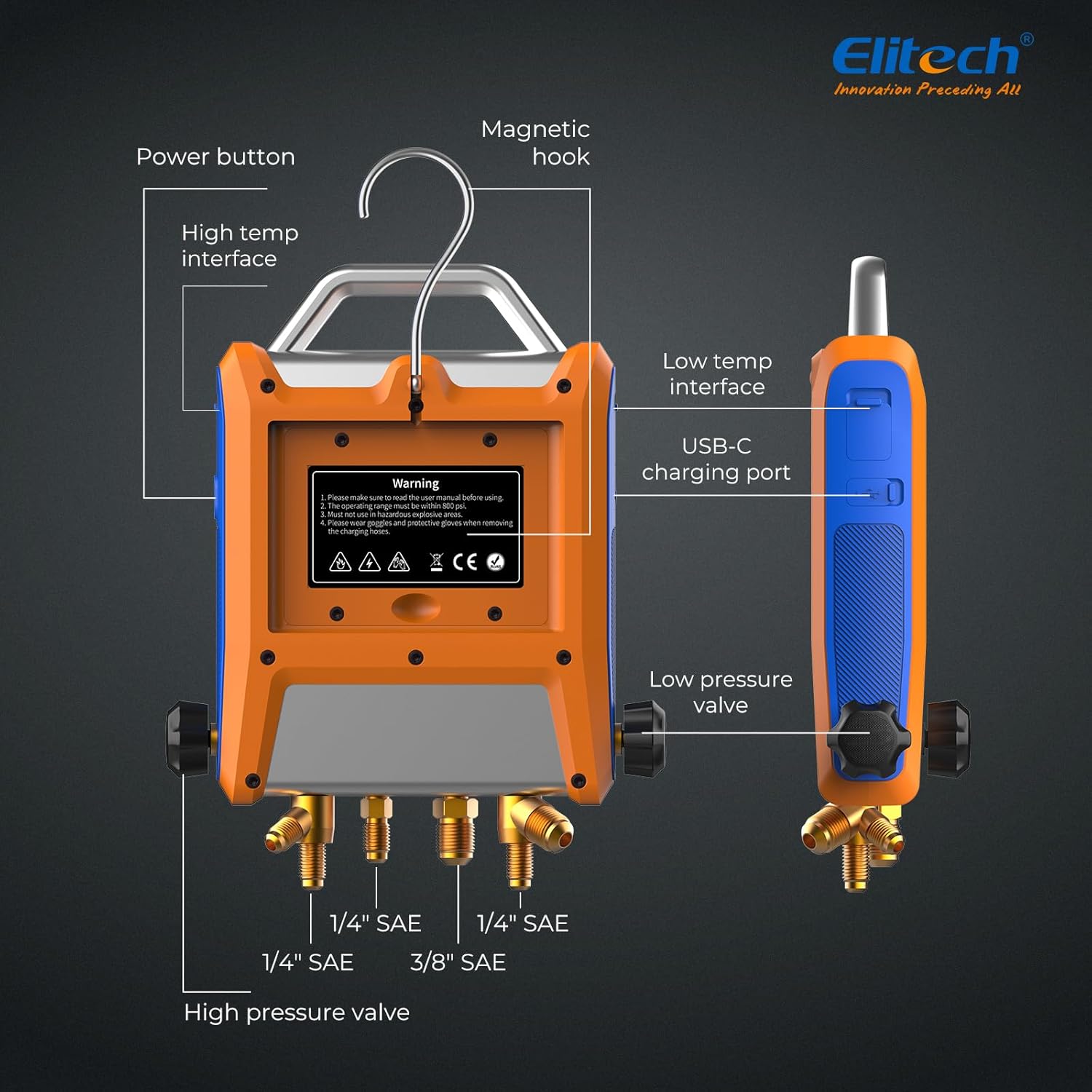 Elitech Digital 4 Valve Manifold Gauge HVAC with Refrigerant Hoses, Vacuum Gauge Micron Gauge, Thermometer Clamps, OTA Upgrade, Wireless APP Control, EMG - 40VPro - Elitech Technology, Inc.