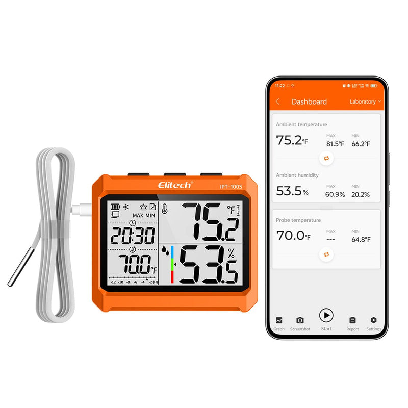 Elitech Digital Bluetooth Hygrometer Thermometer, Refrigerator Thermometer with Free APP, Real - Time Temperature Humidity Monitor with 4.5" Screen, PDF&CSV Data Export, IPT - 100S with External Probe - Elitech Technology, Inc.