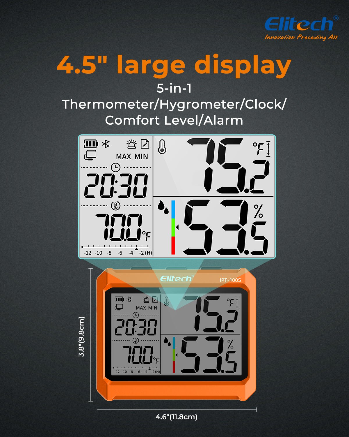 Elitech Digital Bluetooth Hygrometer Thermometer, Refrigerator Thermometer with Free APP, Real - Time Temperature Humidity Monitor with 4.5