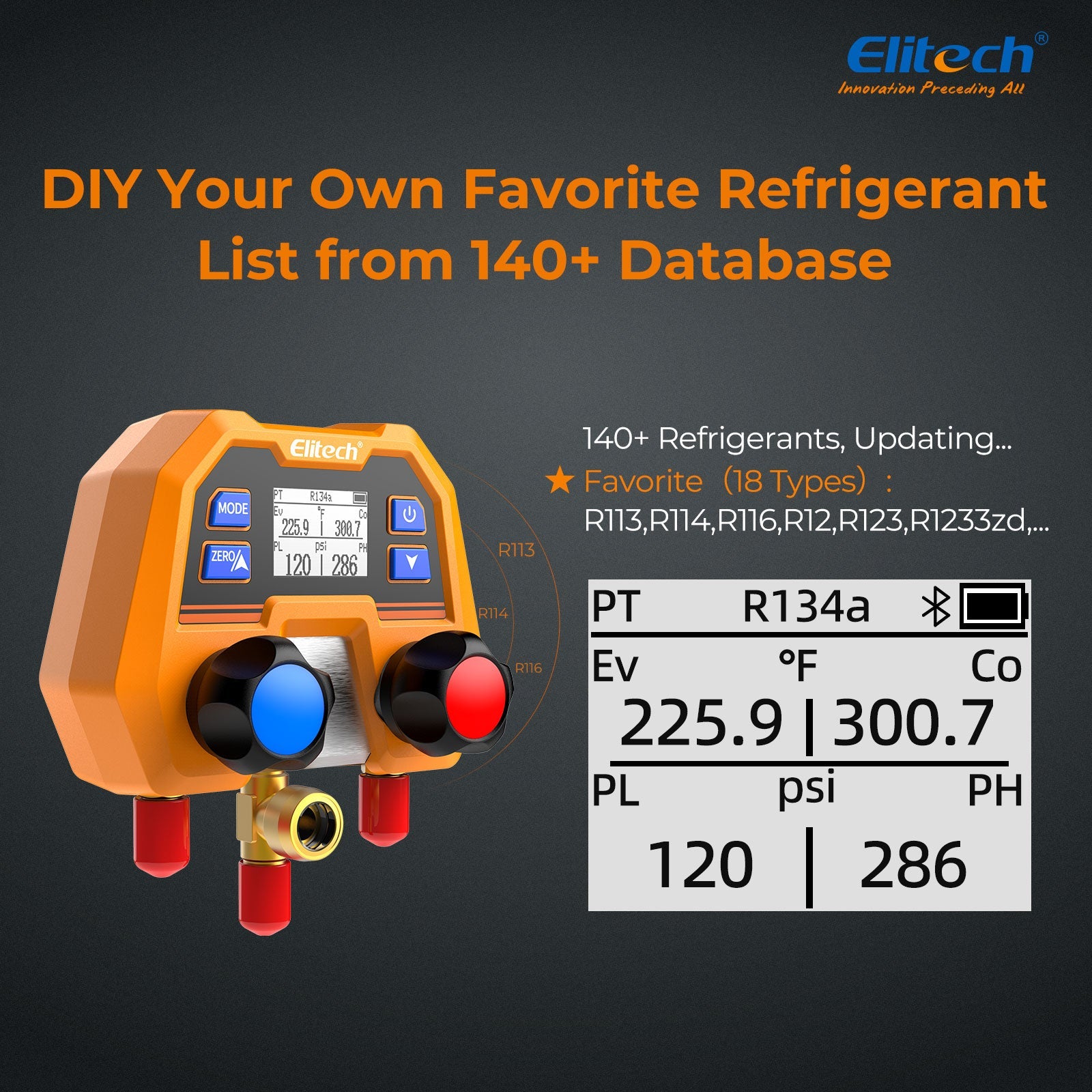 Elitech Digital Manifold Gauge for HVAC, Refrigeration & AC Systems – Pressure & Temperature Measurement, LCD Display, DMG - 2SE - Elitech Technology, Inc.