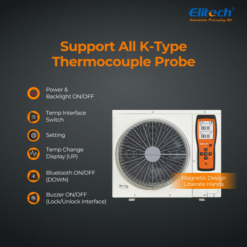 Elitech Dual Digital Thermocouple Temperature Thermometer with 2 K-Type Thermocouple Probe, Wide Range -58~932°F, 2 K-Type Thermocouples Measurement -58 to 482°F, ICT-220 - Elitech Technology, Inc.