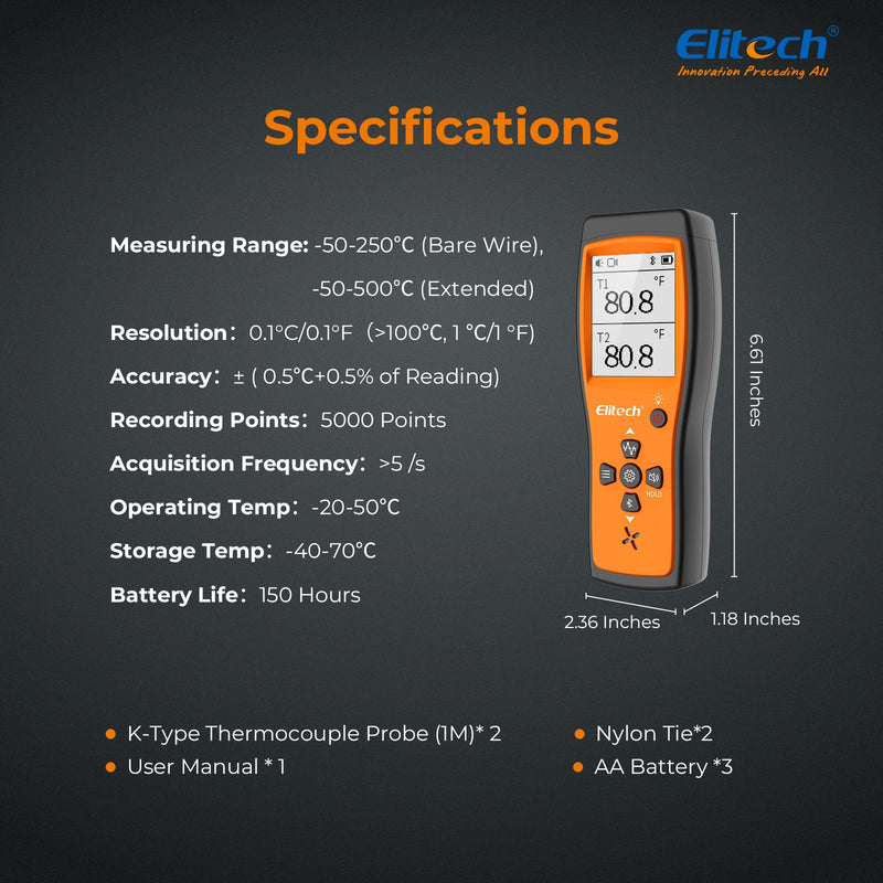 Elitech Dual Digital Thermocouple Temperature Thermometer with 2 K-Type Thermocouple Probe, Wide Range -58~932°F, 2 K-Type Thermocouples Measurement -58 to 482°F, ICT-220 - Elitech Technology, Inc.
