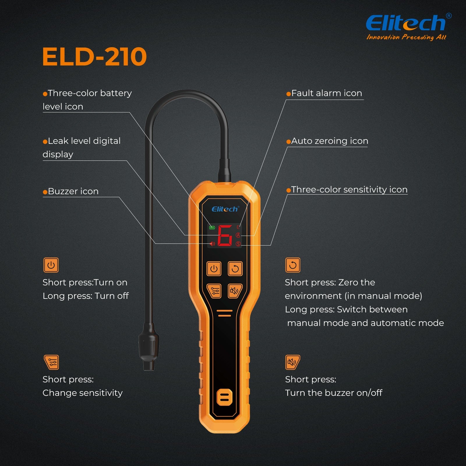 Elitech ELD - 210 Heated Diode Portable Semiconductor Refrigerant Leak Detector - High Sensitivity, Dual Alarm, Ergonomic Design for Quick & Accurate Leak Detection - Elitech Technology, Inc.