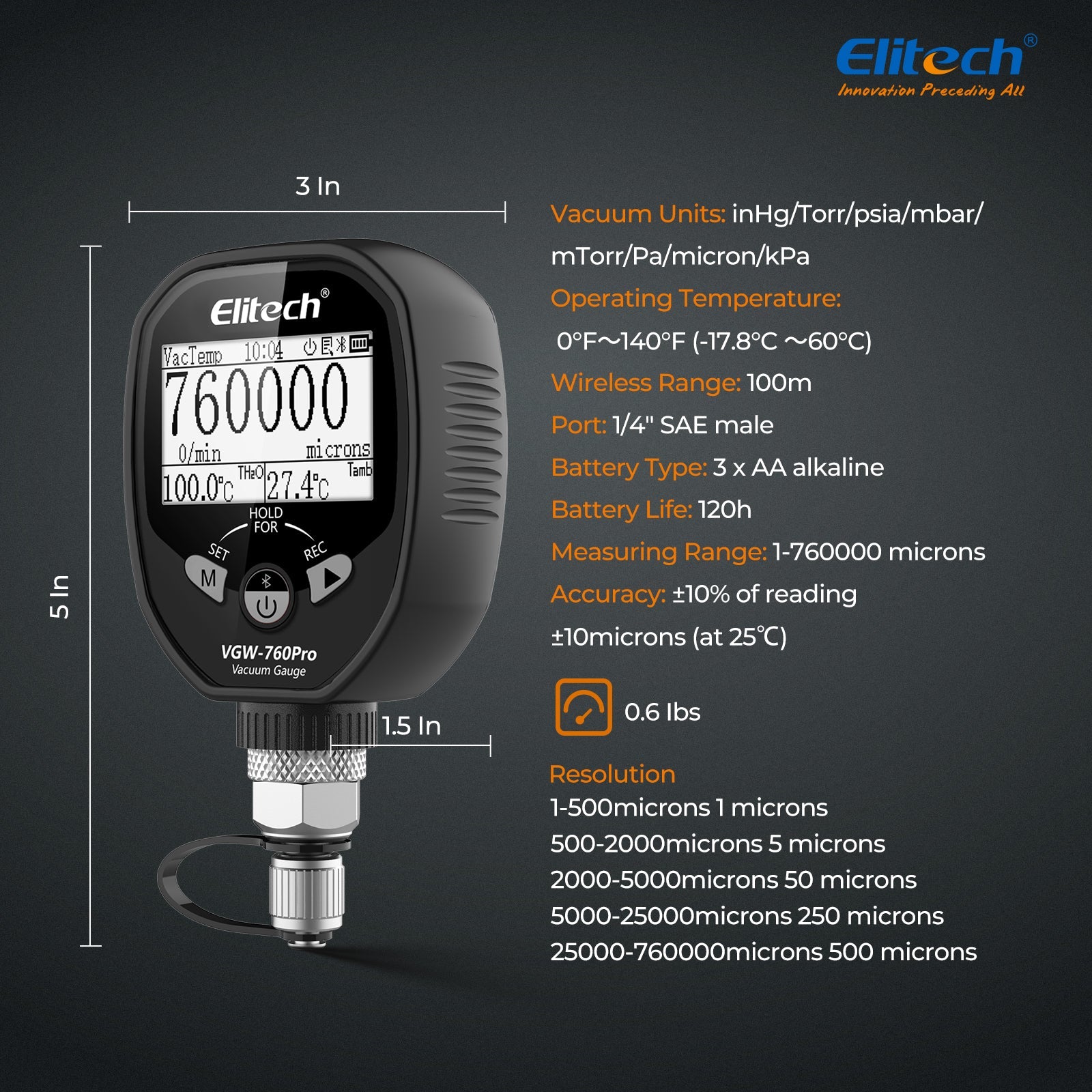 Elitech Full - Range Micron Gauge, Wireless Digital Vacuum Gauge with Adaptor Pressure Tester Meter HVAC, Alarms via APP, Offline Recording, 1/4