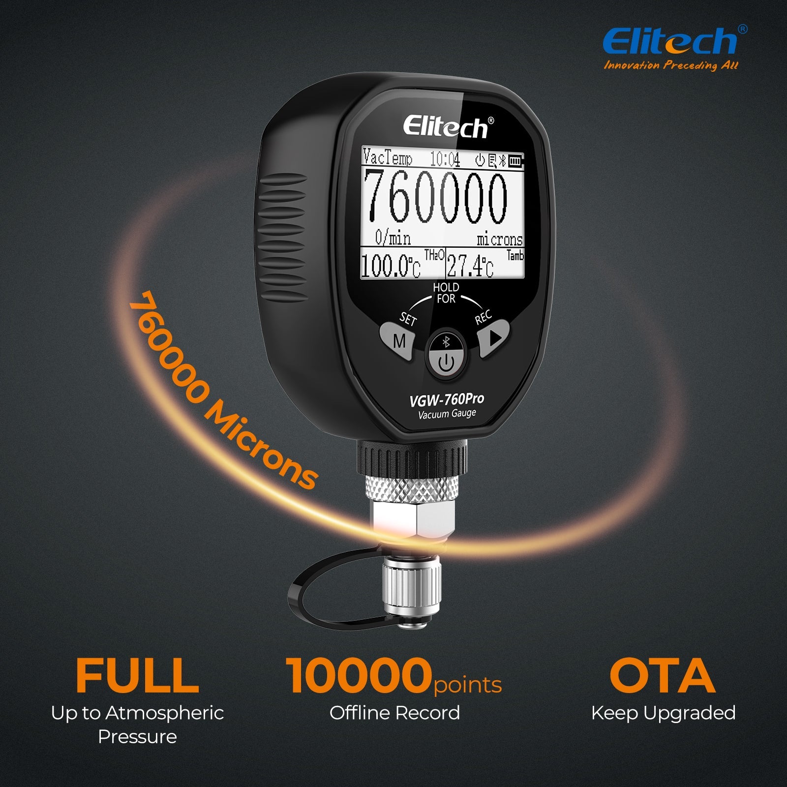 Elitech Full - Range Micron Gauge, Wireless Digital Vacuum Gauge with Adaptor Pressure Tester Meter HVAC, Alarms via APP, Offline Recording, 1/4