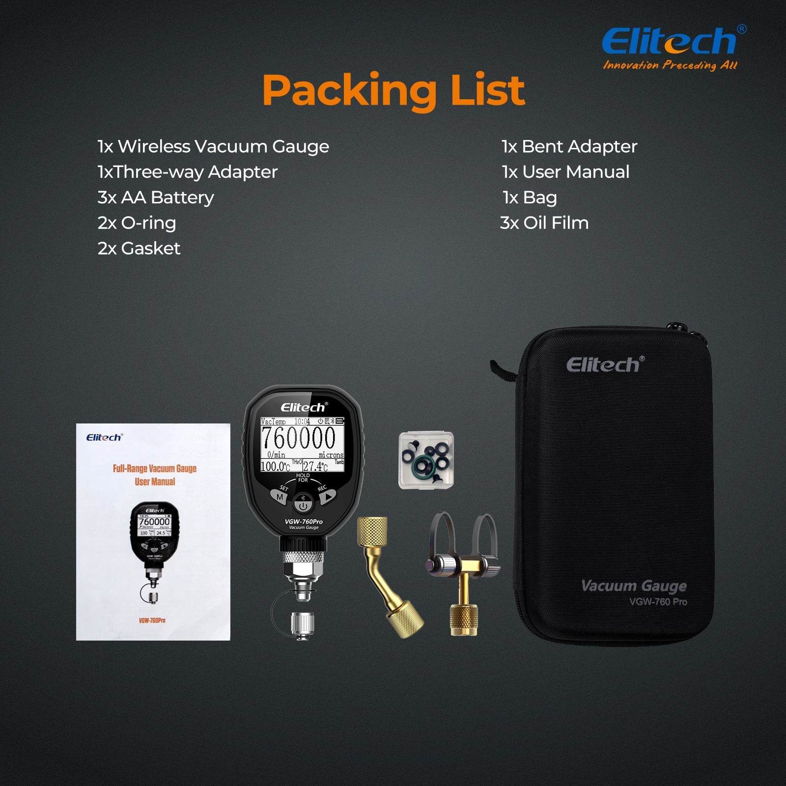 Elitech Full - Range Micron Gauge, Wireless Digital Vacuum Gauge with Adaptor Pressure Tester Meter HVAC, Alarms via APP, Offline Recording, 1/4