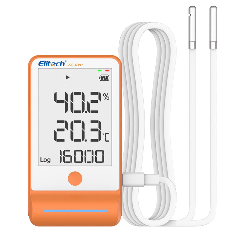 Elitech GSP - 6 Digital Temperature and Humidity Data Logger Detachable Dual Probes - 40℉ to 158℉ Max Accuracy up to ±0.6℉ Audio Alarm Calibration Certificate Max/Min Value Display - Elitech Technology, Inc.