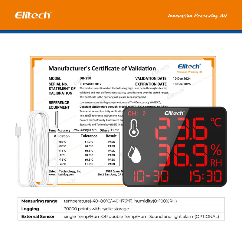 Elitech High Accuracy Digital Hygrometer Thermometer Bluetooth Data Logger 30000 Points, Humidity Temperature Monitor With Calibration Certificate for Audit, For Greenhouse/ Warehouse/ Lab/ Hospital DR - 230 - Elitech Technology, Inc.