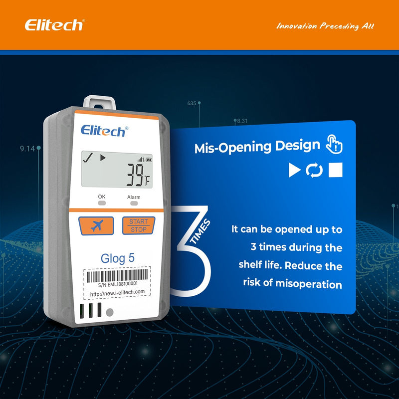 Elitech IOT Temperature Data Logger 4G Single-use, Shadow Data, 3-Times Accidental Touch, Auto Flight Mode, Light/Shock/Location, PDF/CSV Report, 32000 Points 30Days Glog5T - Elitech Technology, Inc.