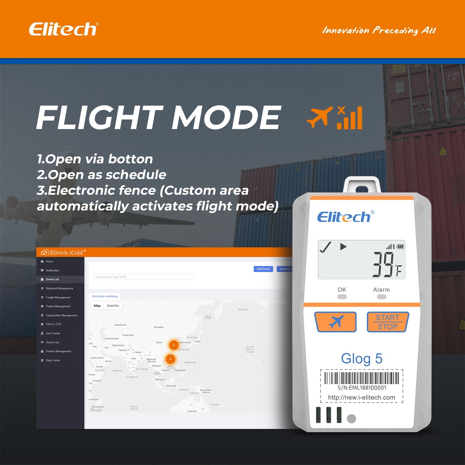Elitech IOT Temperature Data Logger 4G Single-use, Shadow Data, 3-Times Accidental Touch, Auto Flight Mode, Light/Shock/Location, PDF/CSV Report, 32000 Points 30Days Glog5T - Elitech Technology, Inc.