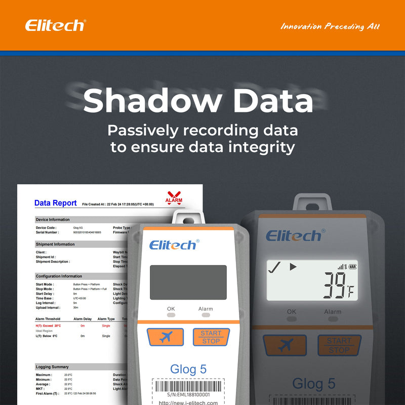 Elitech IOT Temperature Data Logger 4G Single-use, Shadow Data, 3-Times Accidental Touch, Auto Flight Mode, Light/Shock/Location, PDF/CSV Report, 32000 Points 30Days Glog5T - Elitech Technology, Inc.