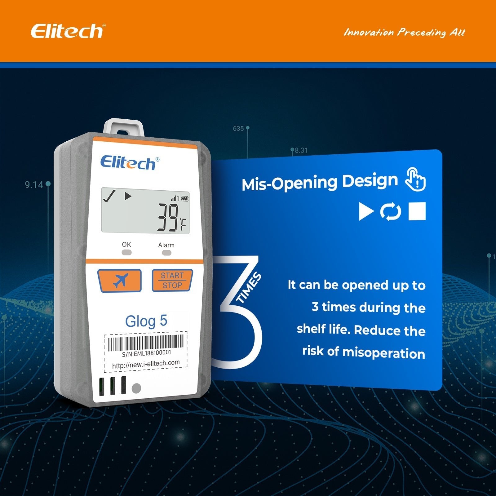 Elitech IOT Temperature Humidity Data Logger 4G Single-use, Shadow Data, 3-Times Accidental Touch, Auto Flight Mode, Light/Shock/Location, PDF/CSV Report, 32000 Points 30Days Glog5TH - Elitech Technology, Inc.