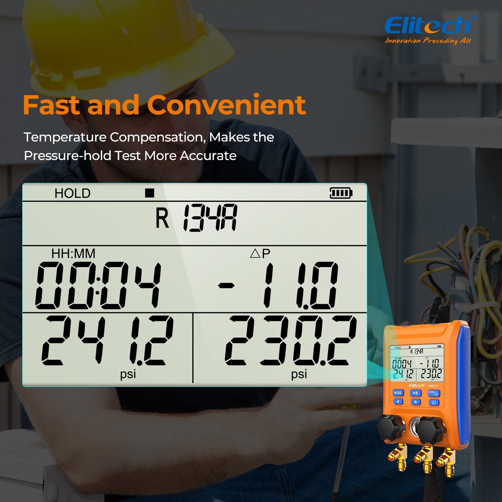 Elitech LMG-10 HVAC Digital Manifold Gauge 2 Valves with Thermometer Clamps - Elitech Technology, Inc.