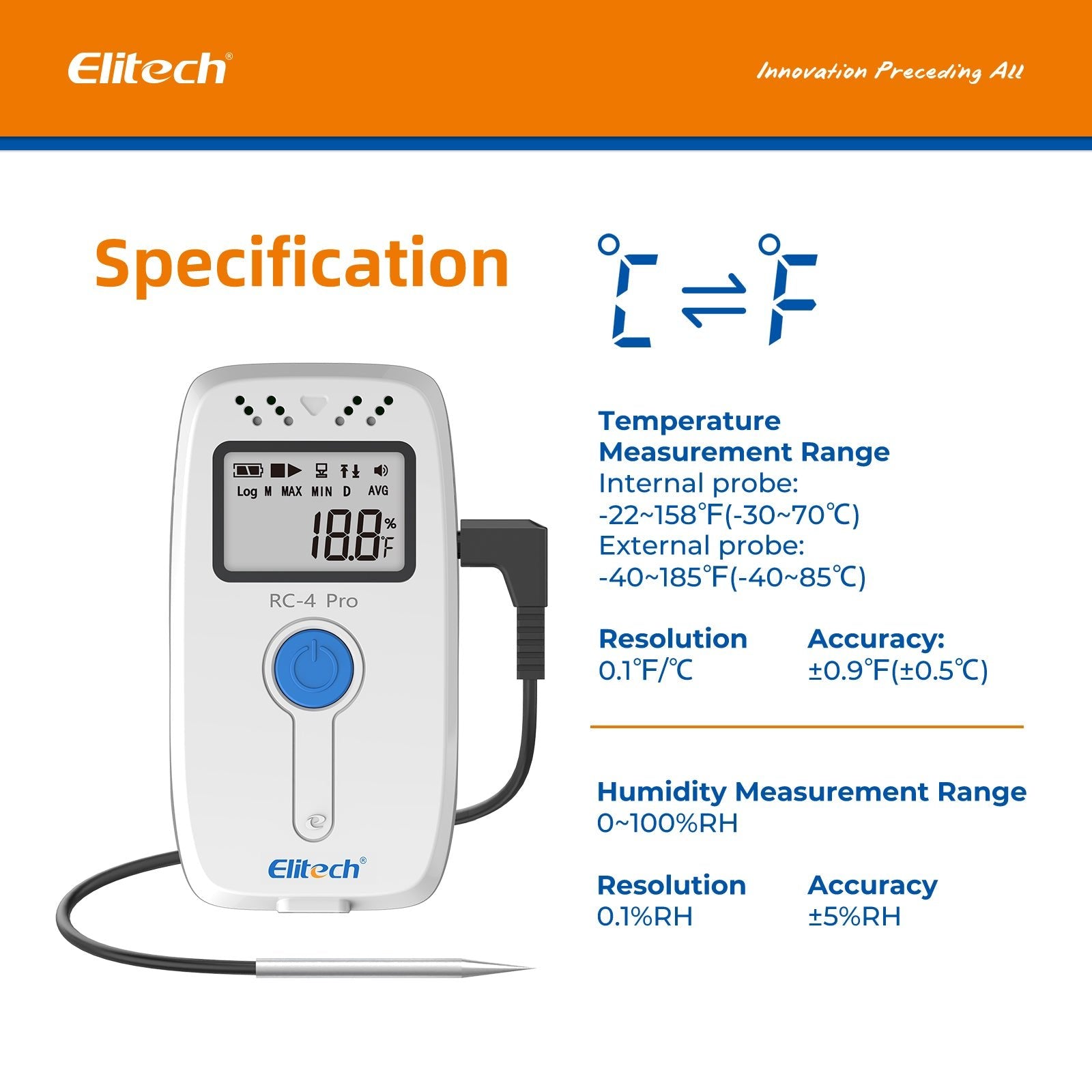 Elitech PDF USB Digital Temperature Data Logger Reuseable Recorder DDL 64000 Points High Accuracy, Shadow Data, Built - in Buzzer, Auto PDF CSV Report, Windows/MacOS Software, RC - 4 Pro, RC - 4H Pro - Elitech Technology, Inc.