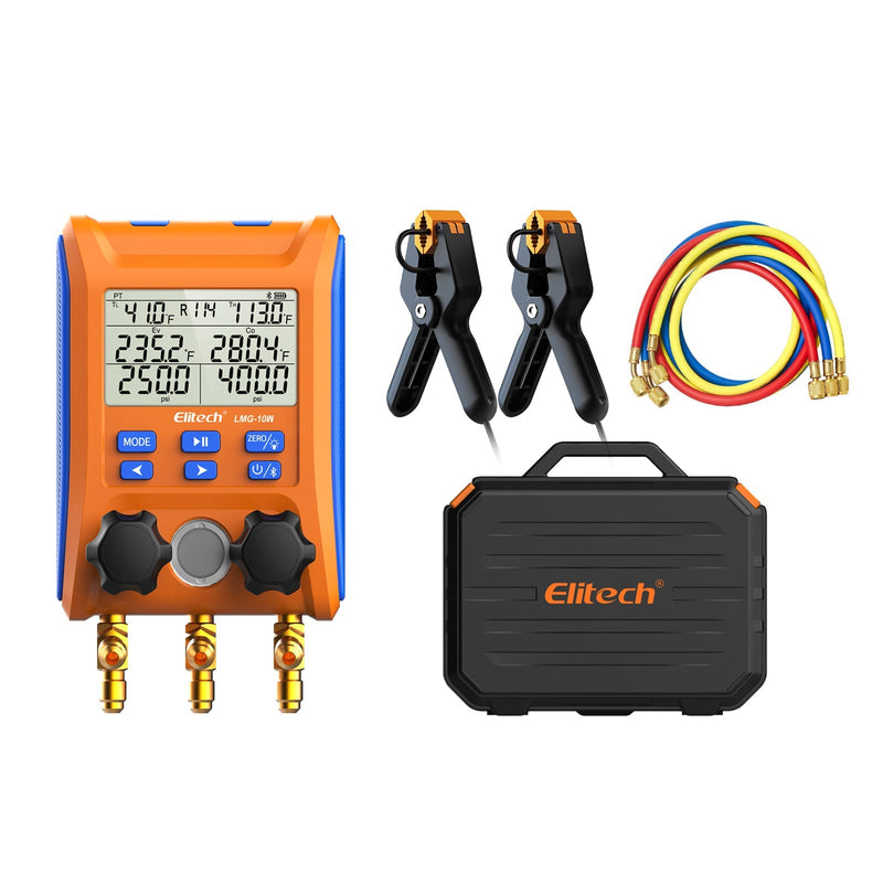 Elitech Updated Solution Pack - LMG-10W Digital Manifold Gauge+LMC-100F+ Refrigerant Charging Scale+ILD-200 Infrared Refrigerant HVAC Leak Detector +SVP-7 Intelligent HVAC Vacuum Pump - Elitech Technology, Inc.