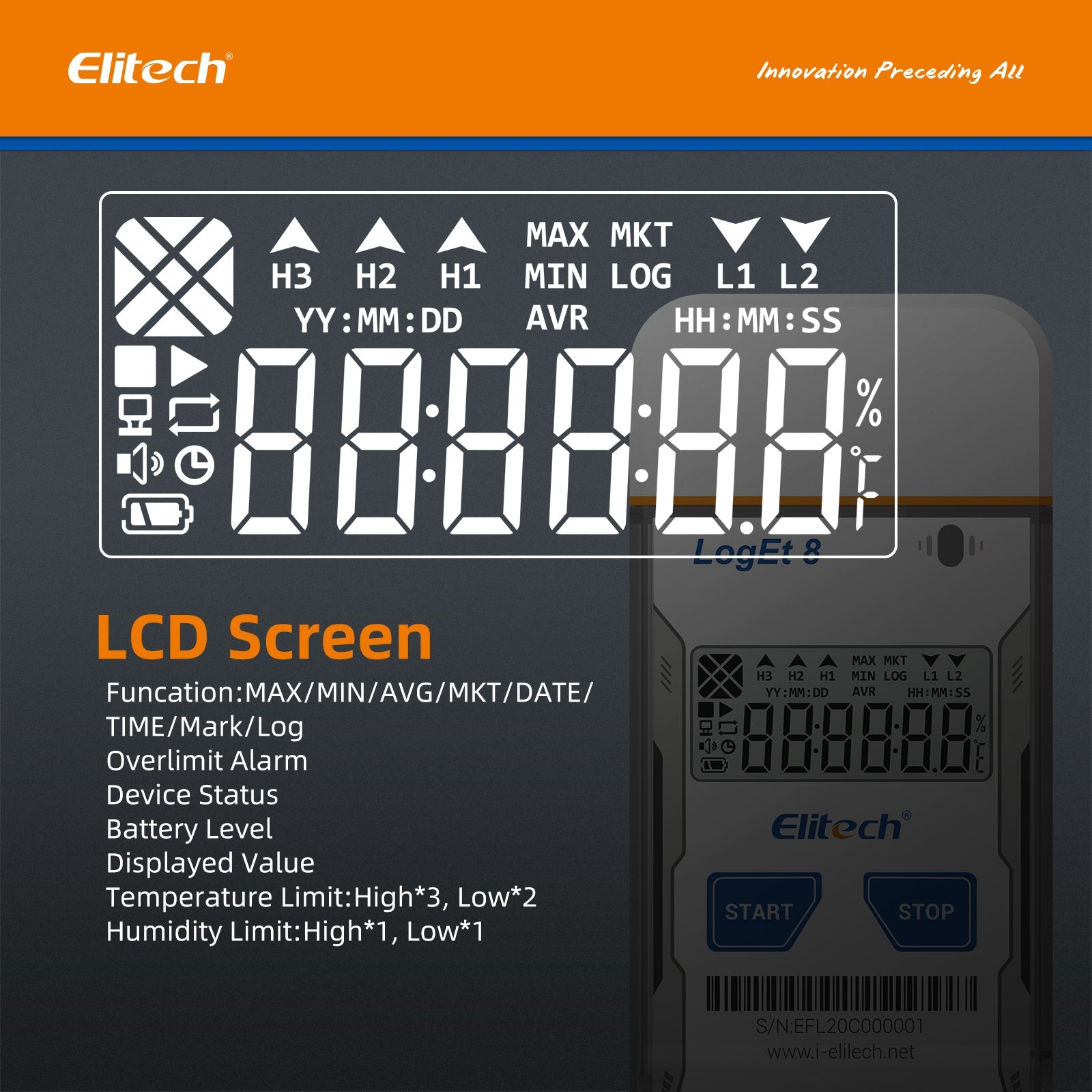 Elitech USB Digital Temperature Data Logger ( - 30 ~ 70°C/ - 22 ~ 158℉) Accuracy of±0.3℃/±0.6℉, Reusable Recorder with Shadow Data 16000 Points, Auto PDF Report, for Windows/MacOS, LogEt8 - Elitech Technology, Inc.