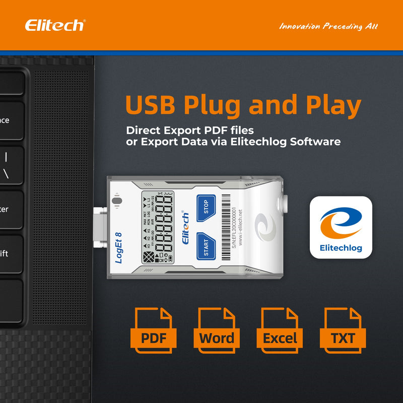 Elitech USB Digital Temperature Data Logger ( - 30 ~ 70°C/ - 22 ~ 158℉) Accuracy of±0.3℃/±0.6℉, Reusable Recorder with Shadow Data 16000 Points, Auto PDF Report, for Windows/MacOS, LogEt8 - Elitech Technology, Inc.