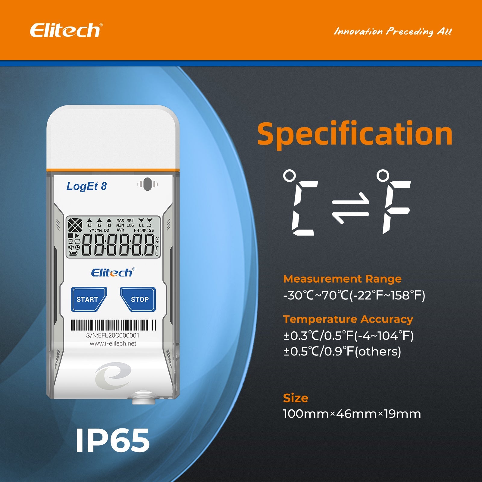 Elitech USB Digital Temperature Data Logger ( - 30 ~ 70°C/ - 22 ~ 158℉) Accuracy of±0.3℃/±0.6℉, Reusable Recorder with Shadow Data 16000 Points, Auto PDF Report, for Windows/MacOS, LogEt8 - Elitech Technology, Inc.