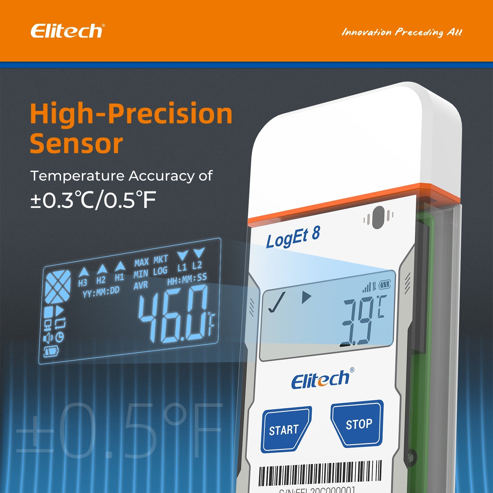 Elitech USB Digital Temperature Data Logger ( - 30 ~ 70°C/ - 22 ~ 158℉) Accuracy of±0.3℃/±0.6℉, Reusable Recorder with Shadow Data 16000 Points, Auto PDF Report, for Windows/MacOS, LogEt8 - Elitech Technology, Inc.