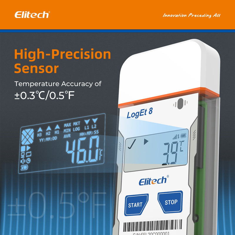 Elitech USB Digital Temperature Data Logger ( - 30 ~ 70°C/ - 22 ~ 158℉) Accuracy of±0.3℃/±0.6℉, Reusable Recorder with Shadow Data 16000 Points, Auto PDF Report, for Windows/MacOS, LogEt8 - Elitech Technology, Inc.