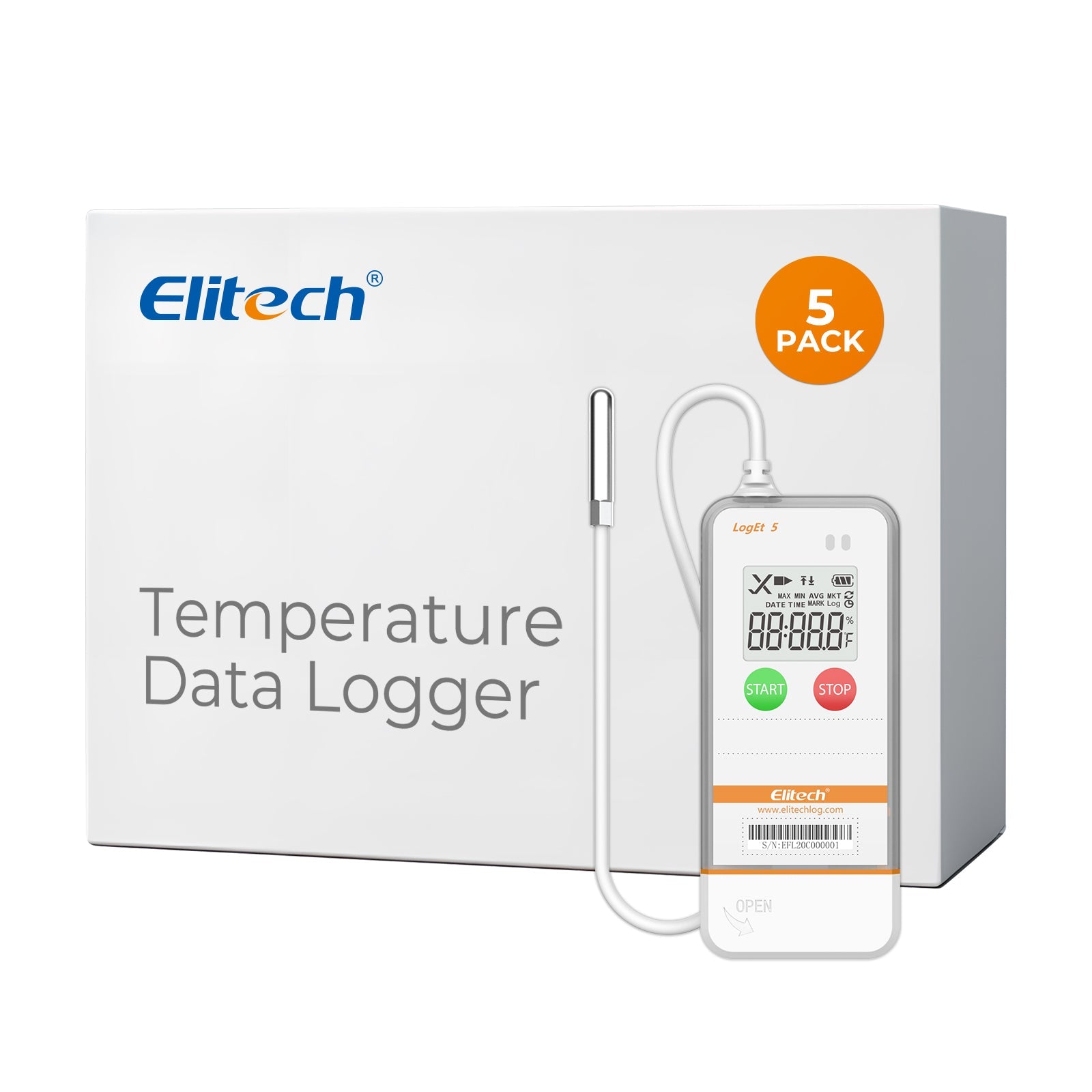 Elitech USB Digital Temperature Data Logger with External Probe Reusable Recorder with Shadow Data 32000 Points , Auto PDF/ CSV Report, for Windows/MacOS, Refrigerator Thermometer LogEt5TE - Elitech Technology, Inc.