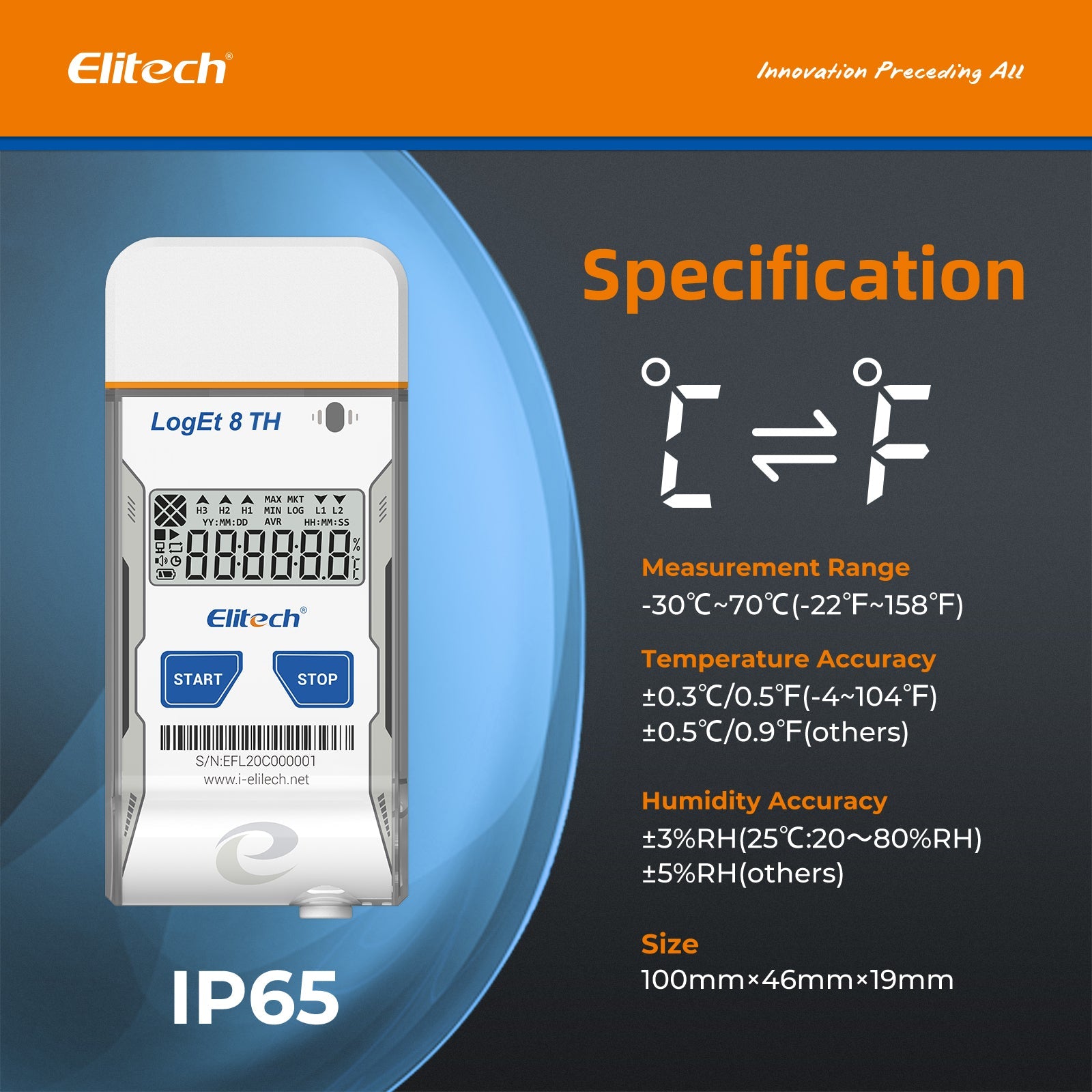 Elitech USB Digital Temperature Humidity Data Logger ( - 30 ~ 70°C/ - 22 ~ 158℉) Accuracy of±0.3℃/±0.6℉, Reusable Recorder with Shadow Data 16000 Points, Auto PDF Report, for Windows/MacOS, LogEt8TH - Elitech Technology, Inc.