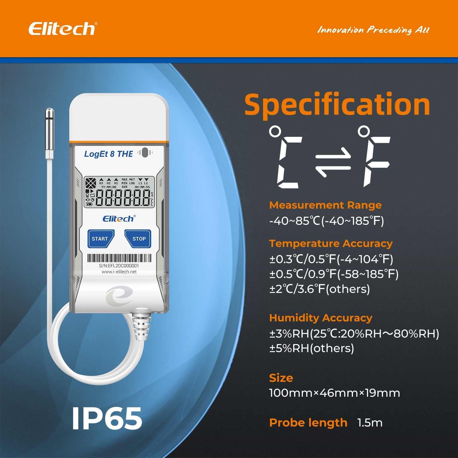 Elitech USB Digital Temperature Humidity Data Logger ( - 40 ~ 85°C/ - 40 ~ 185℉) Accuracy of±0.3℃/±0.6℉, Reusable Recorder with Shadow Data 16000 Points, Auto PDF Report, for Windows/MacOS, LogEt8THE - Elitech Technology, Inc.