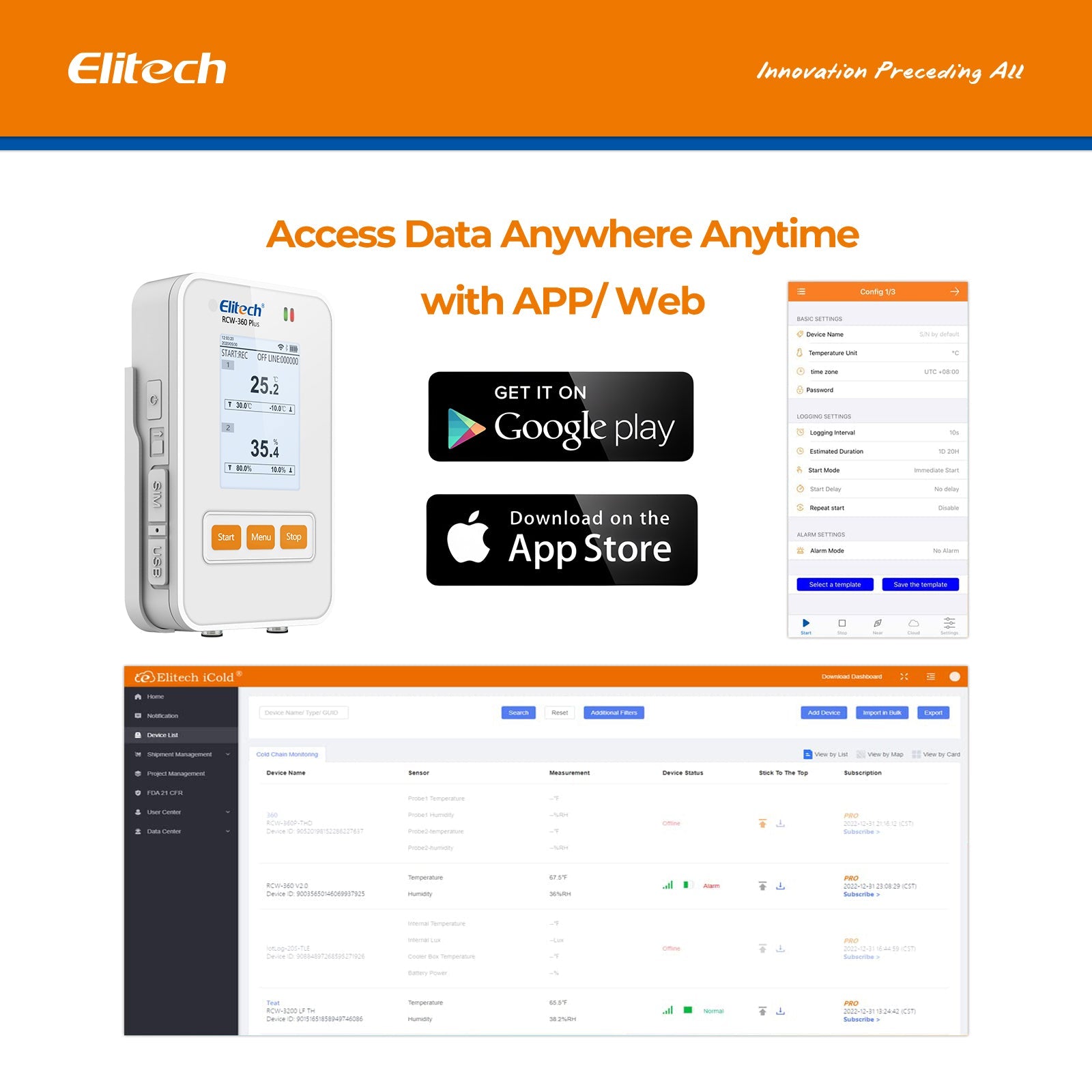 Elitech WiFi + 4G Cellulari Real - Time Digital Temperature Humidity Light Data Logger with Diverse Replaceable Probes(Sold Separately), 100,000 Points, Cloud Data Storage, SMS/Email/APP/Web Alarm, TFT Color Screen, RCW - 360Plus - WG - DC - Elitech Technology, Inc.