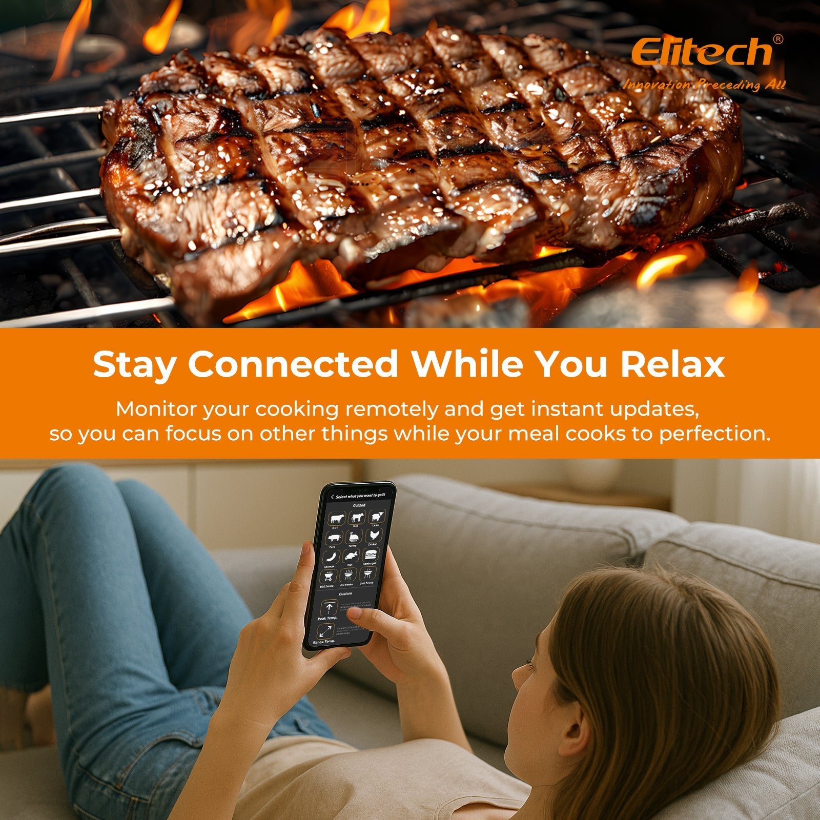 Elitech WMT - 20 Wireless Smart Meat Thermometer, Dual - Probe Bluetooth Grill Thermometer with LCD Display and ToGrill App, for Oven, BBQ, Kitchen, and Outdoor Cooking, - Elitech Technology, Inc.