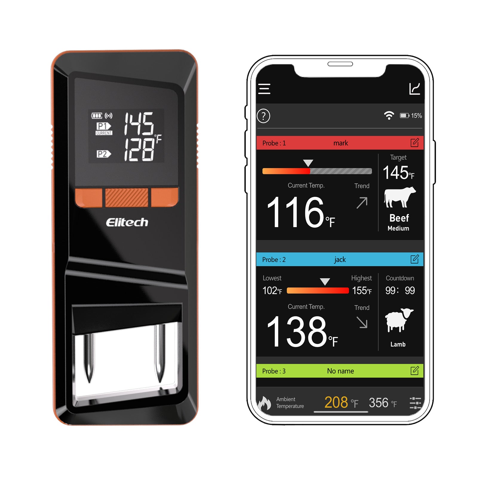 Elitech WMT - 20 Wireless Smart Meat Thermometer, Dual - Probe Bluetooth Grill Thermometer with LCD Display and ToGrill App, for Oven, BBQ, Kitchen, and Outdoor Cooking, - Elitech Technology, Inc.