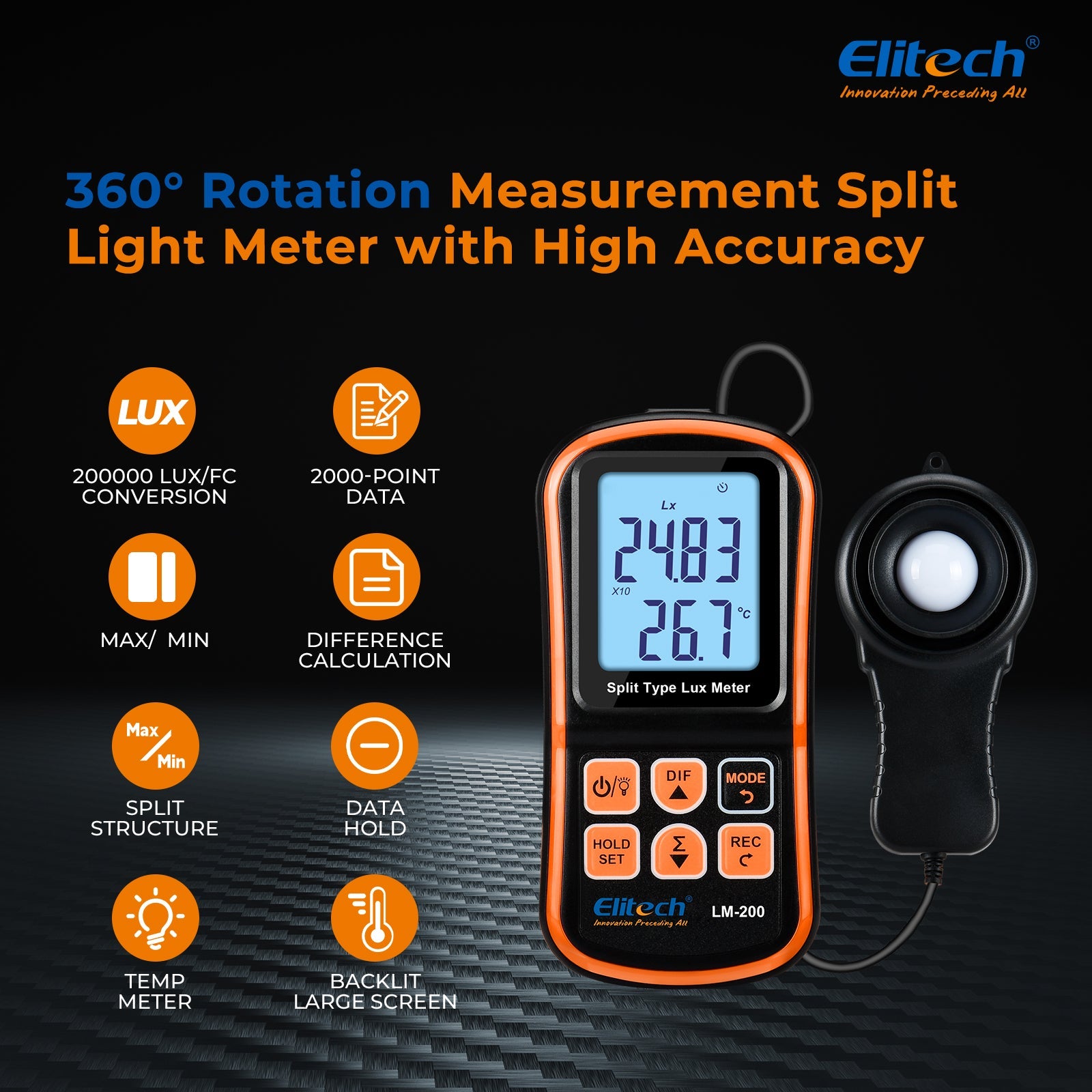 Light Meter Digital Illuminance Meter Handheld Ambient Temperature Measurer, Range up to 200,000 Lux，Ambient Temperature - Elitech Technology, Inc.