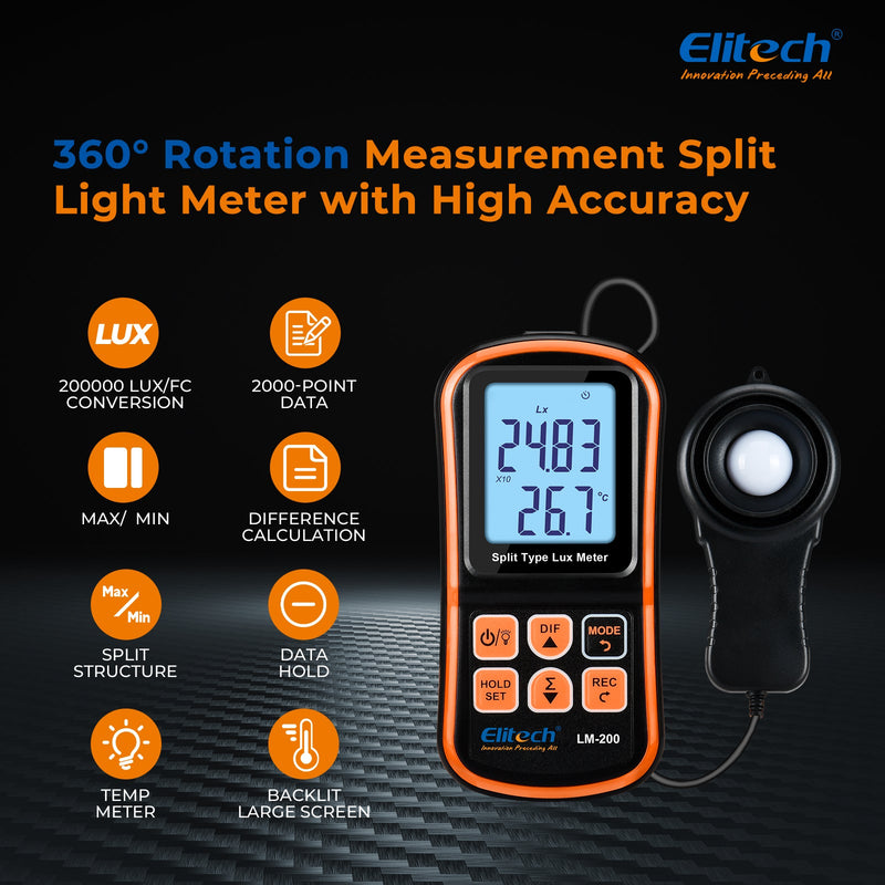 Light Meter Digital Illuminance Meter Handheld Ambient Temperature Measurer, Range up to 200,000 Lux，Ambient Temperature - Elitech Technology, Inc.