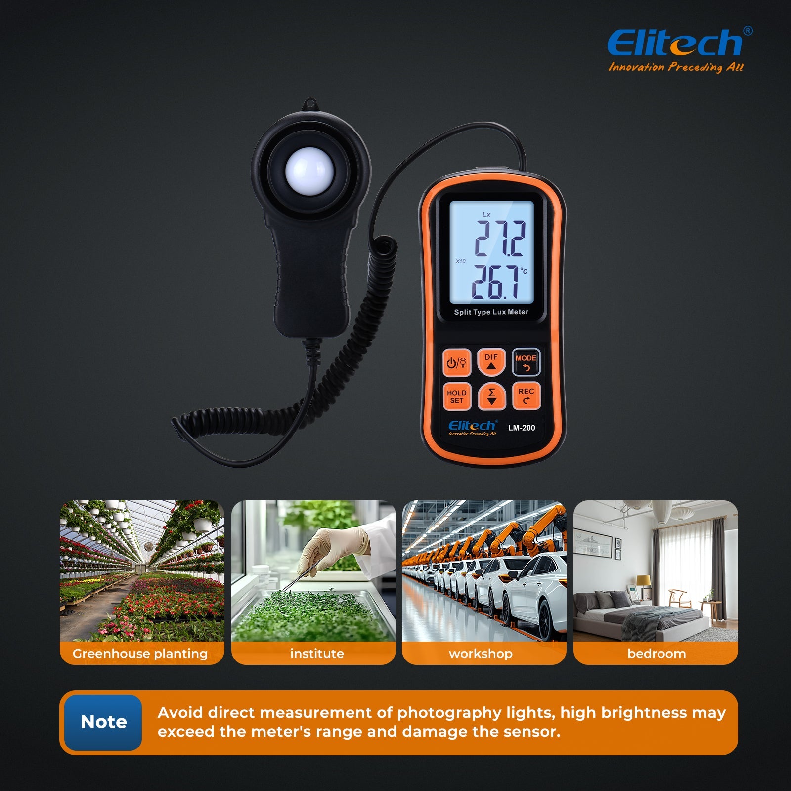 Light Meter Digital Illuminance Meter Handheld Ambient Temperature Measurer, Range up to 200,000 Lux，Ambient Temperature - Elitech Technology, Inc.