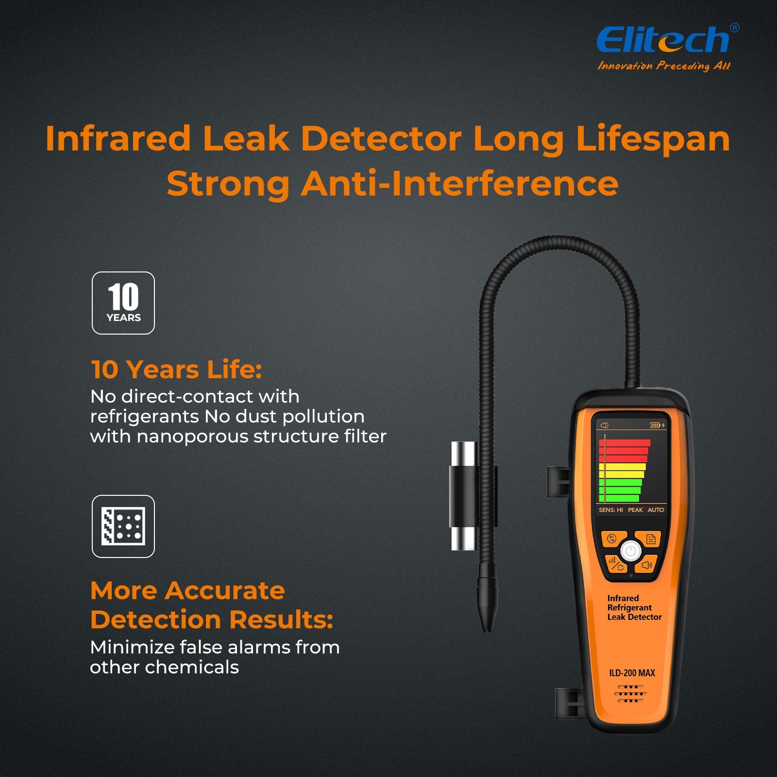 (Pre - order) Elitech Infrared Refrigerant Leak Detector ILD - 200 max High - Precision HVAC/R Leak Detection, 10 - Year Sensor Lifetime, 1g/a Ultra - Low Detection, 4 Sensitivity Levels, Rechargeable Battery, TFT Display & Sound Alarm - Elitech Technology, Inc.