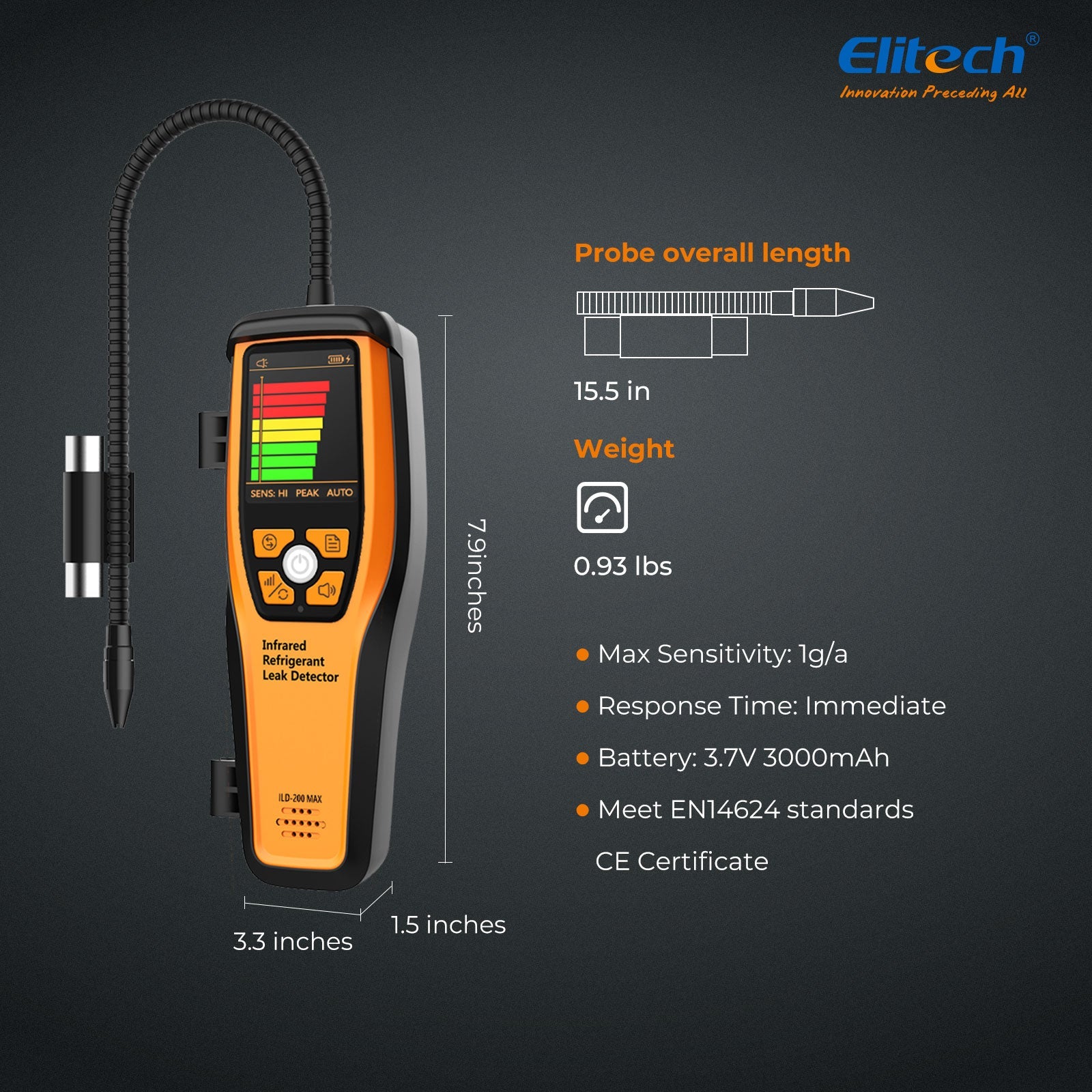 (Pre - order) Elitech Infrared Refrigerant Leak Detector ILD - 200 max High - Precision HVAC/R Leak Detection, 10 - Year Sensor Lifetime, 1g/a Ultra - Low Detection, 4 Sensitivity Levels, Rechargeable Battery, TFT Display & Sound Alarm - Elitech Technology, Inc.