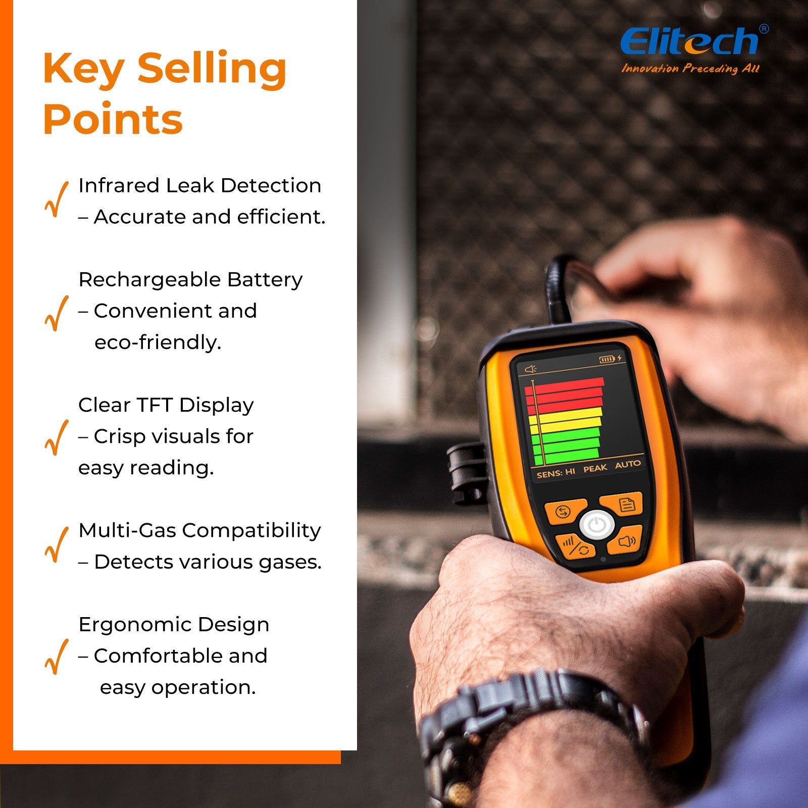 (Pre - order) Elitech Infrared Refrigerant Leak Detector ILD - 200 max High - Precision HVAC/R Leak Detection, 10 - Year Sensor Lifetime, 1g/a Ultra - Low Detection, 4 Sensitivity Levels, Rechargeable Battery, TFT Display & Sound Alarm - Elitech Technology, Inc.