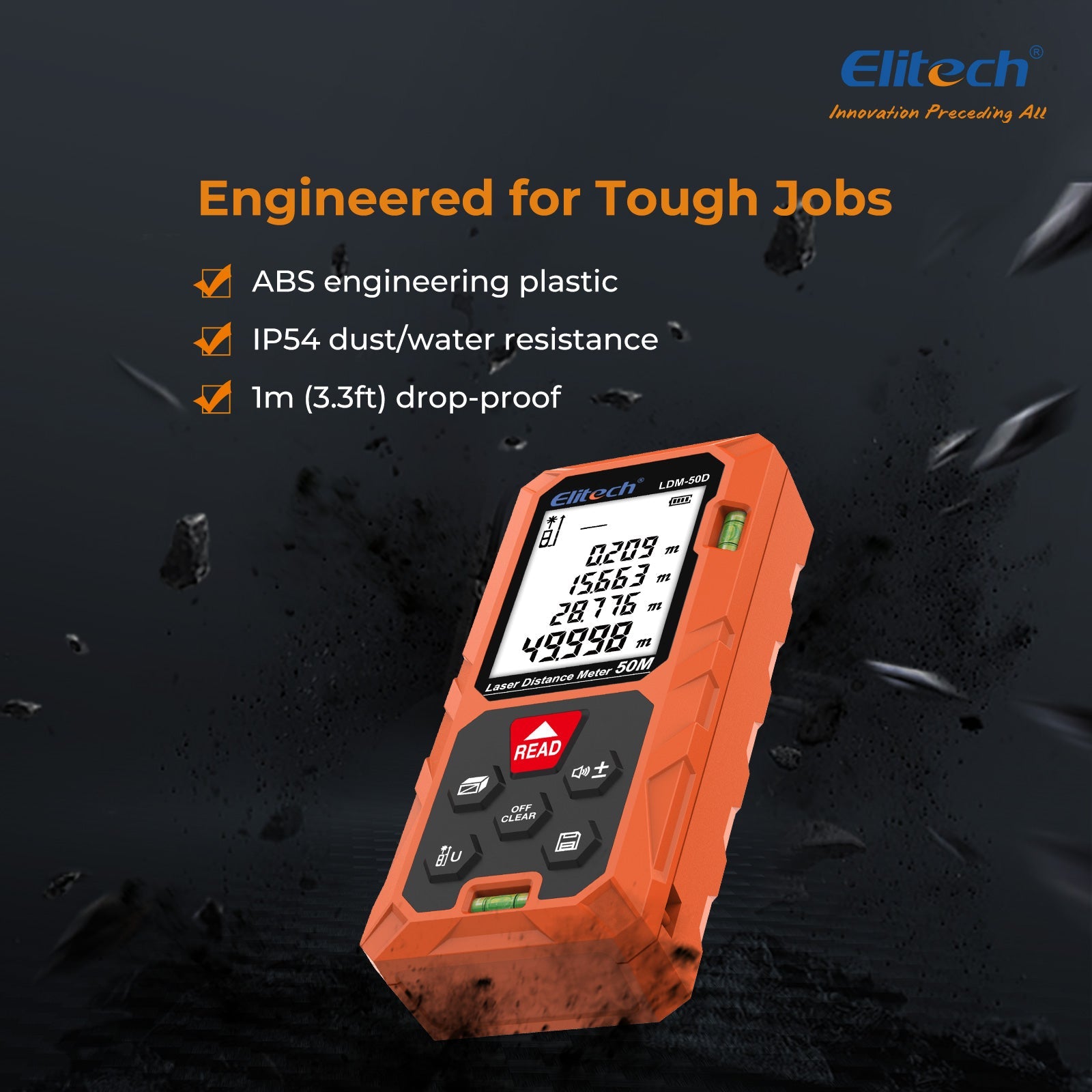 (Pre - order) Elitech Laser Distance Meter 165ft, Digital Measure Tool with Area/Volume/Pythagoras Mode, Backlit LCD, 99 Data Records, ±2mm Accuracy, Ft/In/M Unit Switch, Ideal for Home DIY & Interior Design – LDM - 50D - Elitech Technology, Inc.