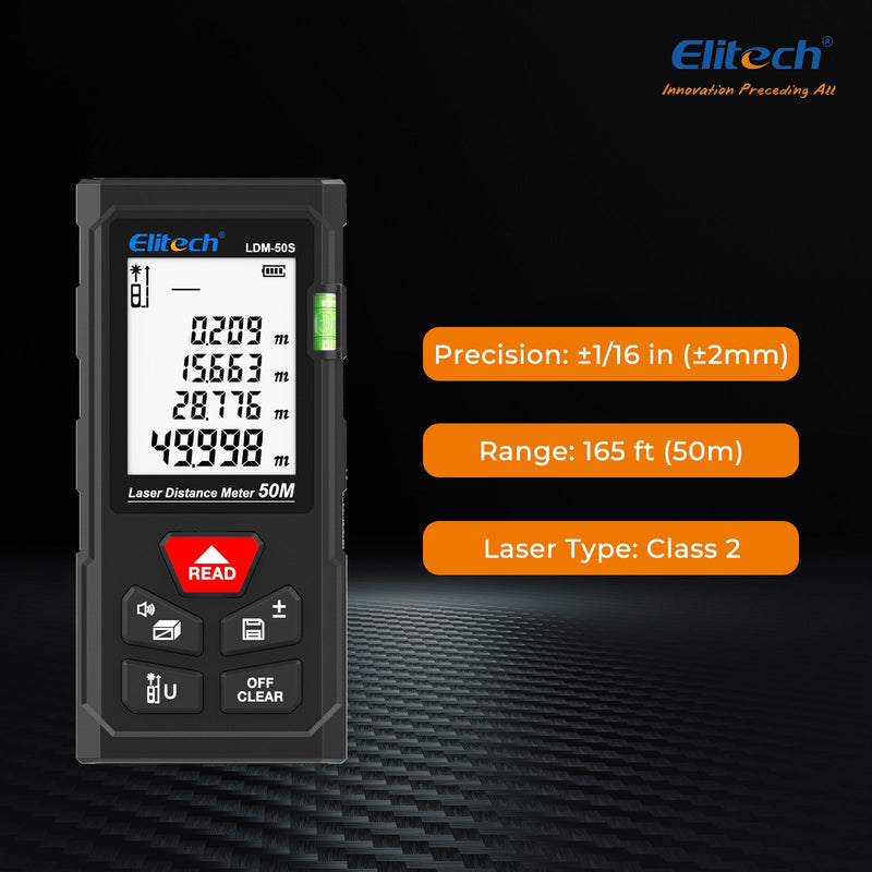 (Pre - order) Elitech LDM - 50S Laser Distance Meter, 165ft Digital Measure Tool ±2mm Accuracy, Area/Volume/Pythagoras Modes, Backlit LCD, 99 Records, Unit Switch – for Home & DIY - Elitech Technology, Inc.