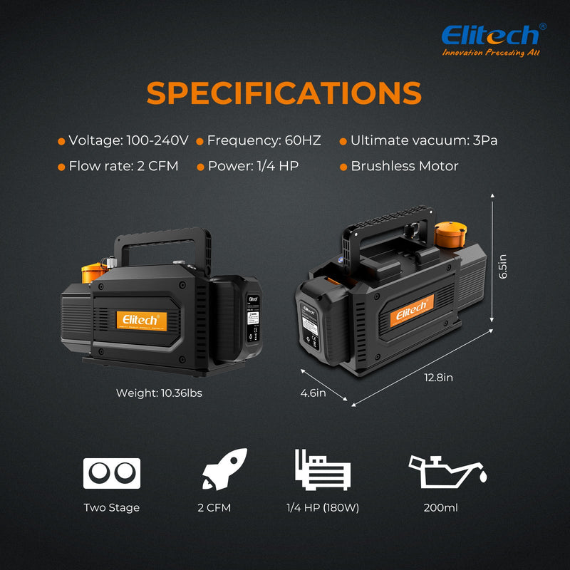 (Pre - order) Elitech SVP - DC Smart Cordless Vacuum Pump A2L Compatible , 2 - Stage HVAC Vacuum Pump, 1 L/s Pumping Rate, 2Pa Extreme Pressure, for HVAC/R - Elitech Technology, Inc.