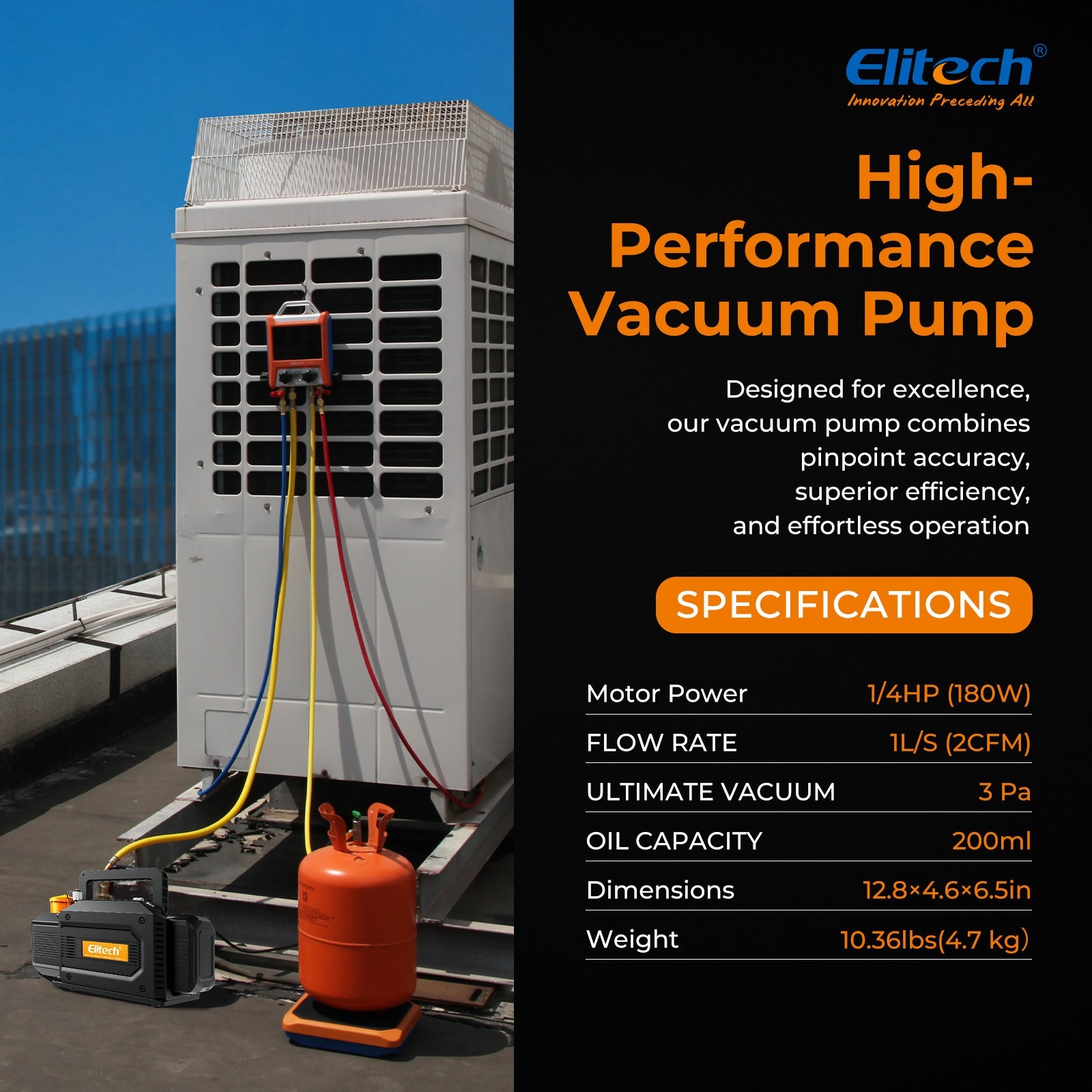 (Pre - order) Elitech SVP - DC Smart Cordless Vacuum Pump A2L Compatible , 2 - Stage HVAC Vacuum Pump, 1 L/s Pumping Rate, 2Pa Extreme Pressure, for HVAC/R - Elitech Technology, Inc.